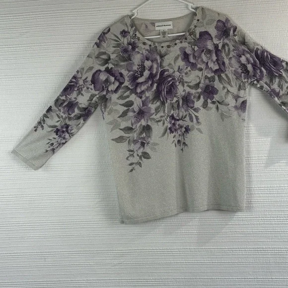 Women’s Floral Glitter Knit Top with Embellished Neckline - Purple/Gray - Picture 15 of 16
